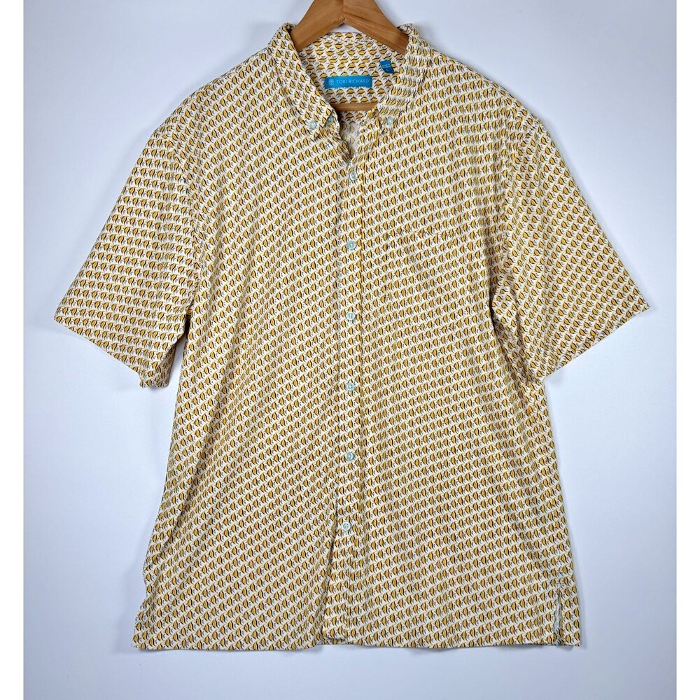 Tori Richard Shirt Mens Large Yellow Fish Print Nylon Stretch Button Front Aloha